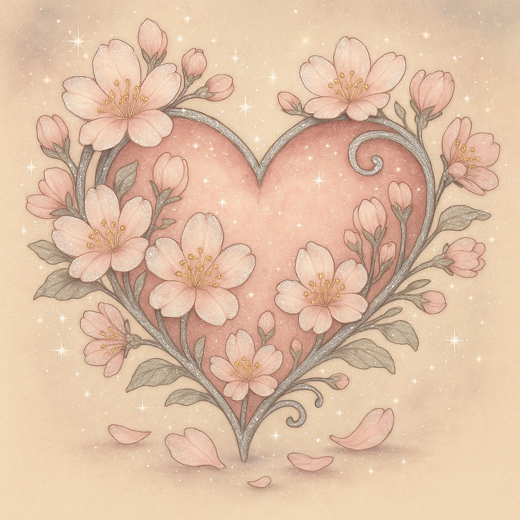Add more silver sparkles and accents to the heart with sakura in ghibli style. emoji