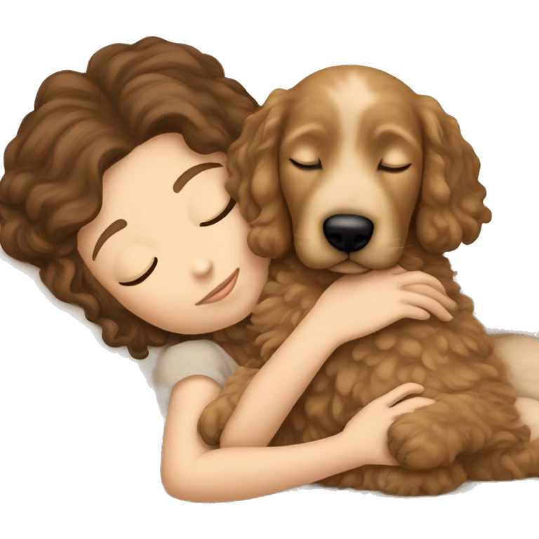 White girl brown hair sleeping with golden doodle puppy  emoji