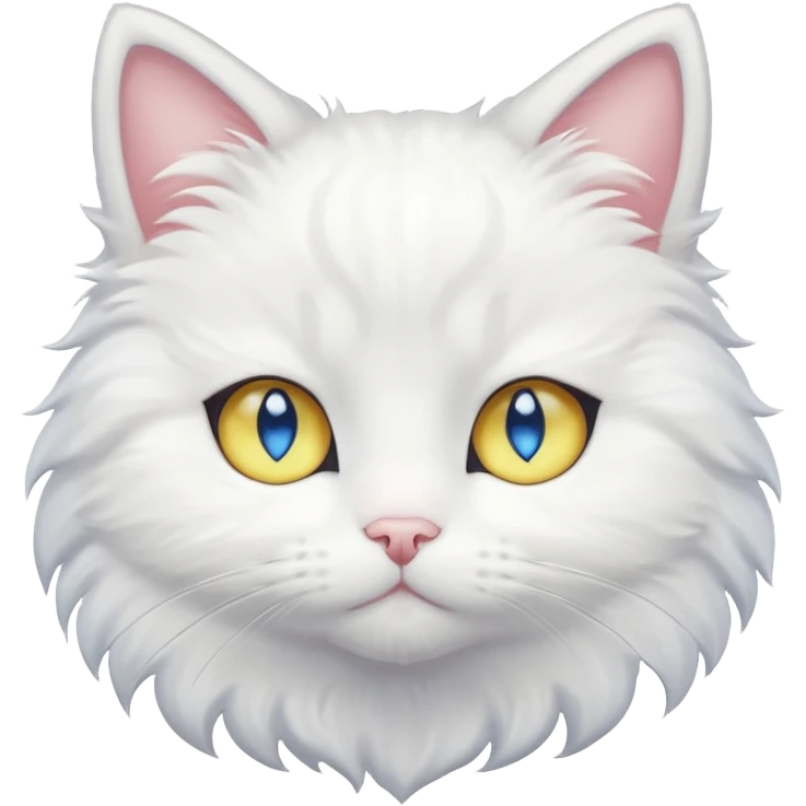 Make me a cute white fluffy cat anime style with one blue eye and one yellow eye, make the eyes big kawaii style emoji