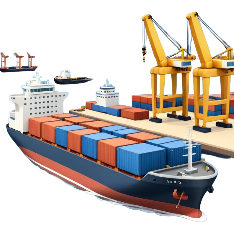 A 3D cartoon cargo or passenger seaport terminal with cranes and ships docked, calm lighting, Memoji-style realism. emoji