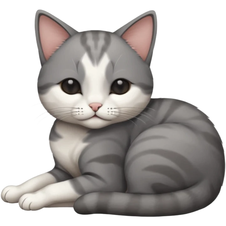 dark grey and white small cat with his eyes closed, leaning his head on his paw while leaning on his elbow lying down emoji