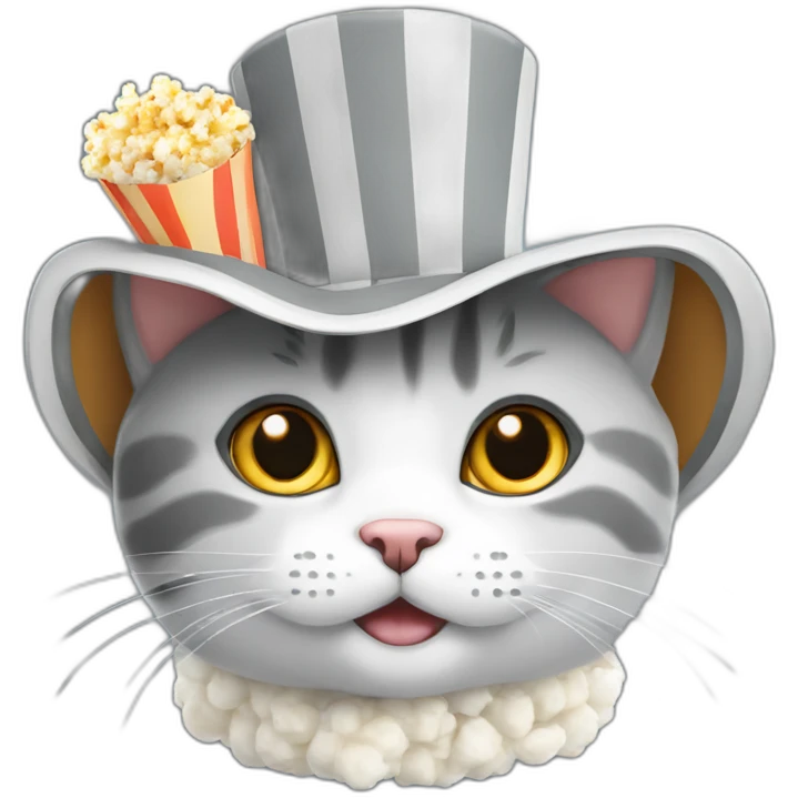 Grey and white Scottish cat wearing popcorn hat emoji