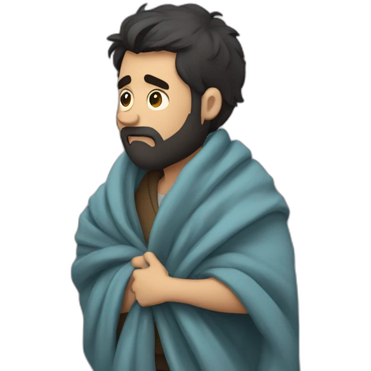 dark hair bearded man throwing his blanket over his shoulder in shame and upset emoji