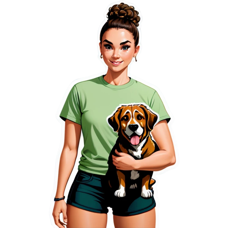 Girl with a burnette curly bun, strong build and a sage green T-shirt with a big dog emoji