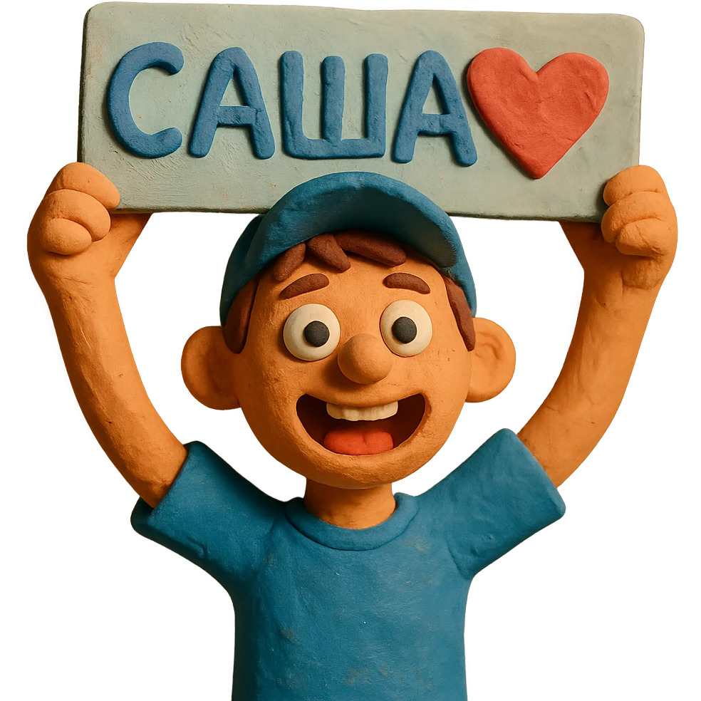 fan boy holding a sign with "Саша♥️" above his head emoji