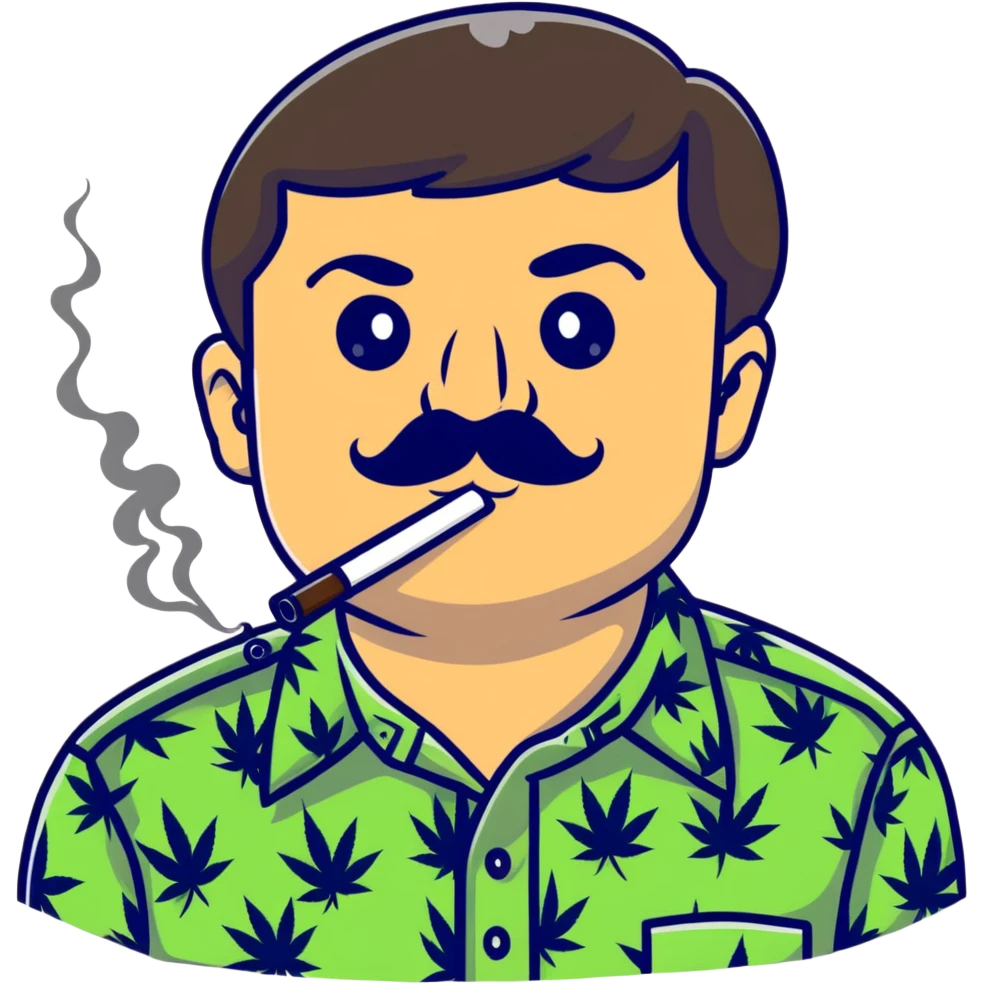 Mexican drug lord El Chapo with mustache and patterned shirt, smoking weed emoji