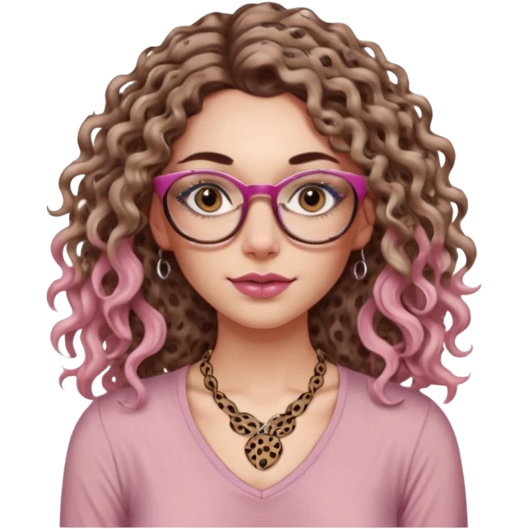 a gray eyed woman with light brunette long curly hair, full lips, pink soft blush and pale skin with leopard printed thin round-ish glasses wearing a silky brown top, a neck tatto that is in the middle of the neck so tiny saying before sunrise in a dactilo font. emoji