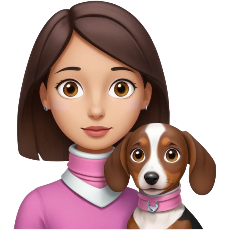a brunette girl, olive skin, hazel eyes, pink top, neck brace on her neck because she’s injured , piebald dachshund next to her only brown and white emoji