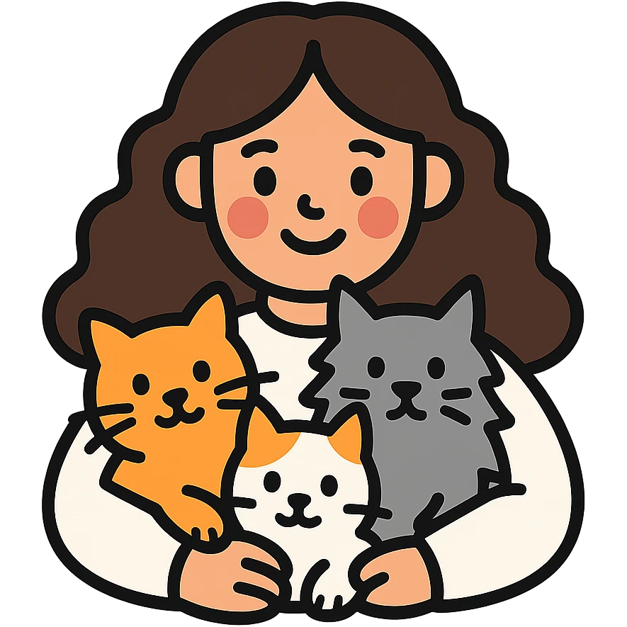 a girl with long dark brown curly hair, wearing a white sweater, hugging an orange cat, a grey Maine Coon, and a white cat with spots, color outline icon style emoji