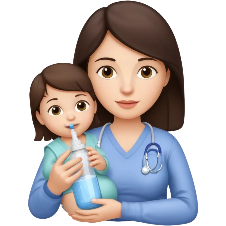 Brunette Mother holding a baby bottle with milk and a vaccine syringe emoji