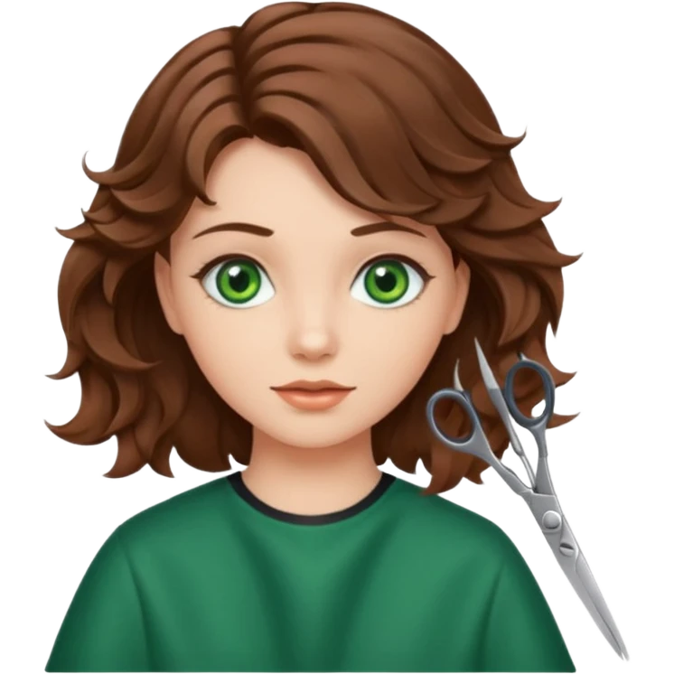 Girl with green eyes and brown wavy hair getting haircut with scissors emoji