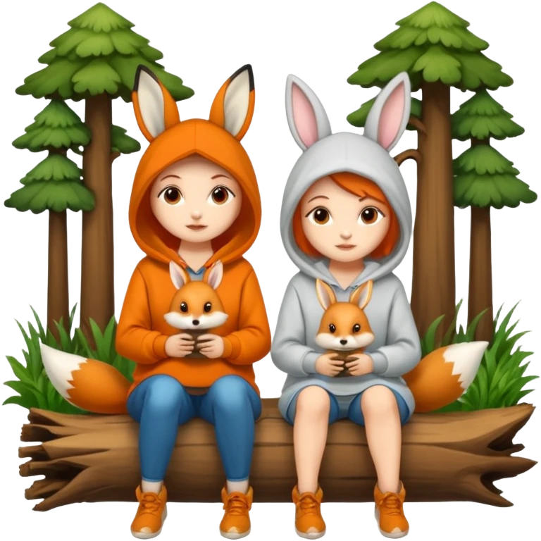 two forest women with cute fox and rabbit hoodies sitting together on log emoji