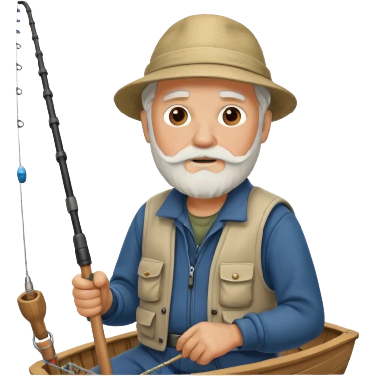 an old white haired, bearded man in fisherman attire, sat in a boat at sea, holding a fishing rod, with the end of the fishing line in the water emoji