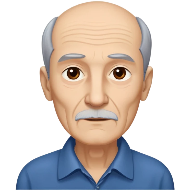Elderly thin man with light skin. Narrow face with visible cheekbones and jawline. Signs of aging with some wrinkles. Expressive dark brown eyes, thick eyebrows. Short brown hair with receding hairline. Untidy brown beard with some gray strands. Wearing a dark blue shirt. emoji