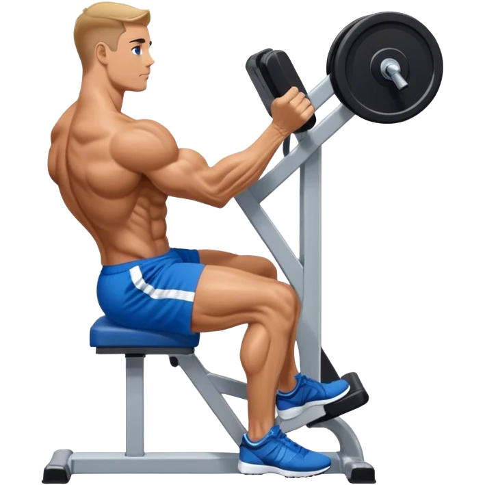 side-view bodybuilder in blue shorts seated weighted calf-raise machine lower leg exercise emoji
