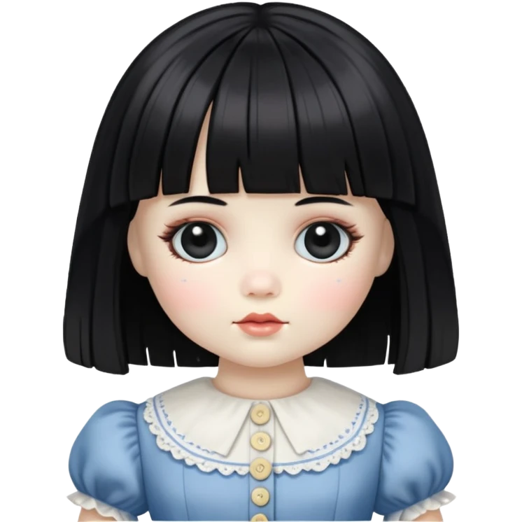 porcelain doll with white skin, black hair that has bangs and button eyes. she is wearing an old dress emoji
