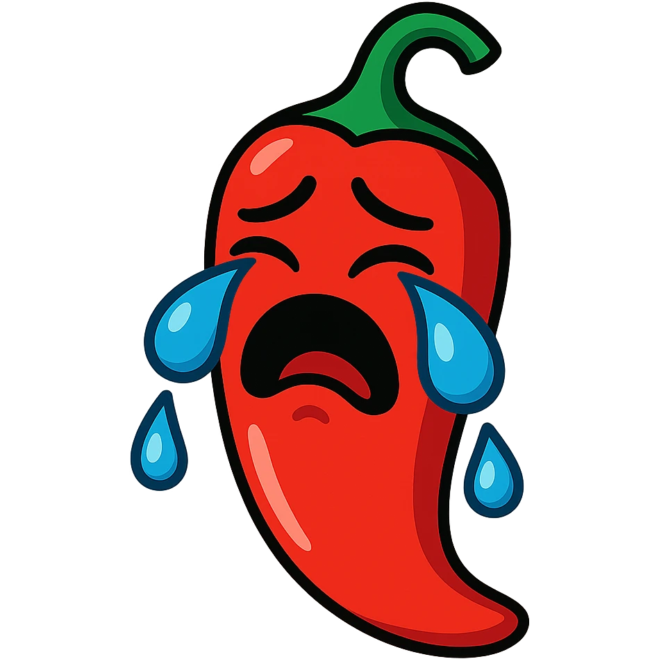 crying red chilli with exaggerated sad face, shiny red, large tears, clean background emoji
