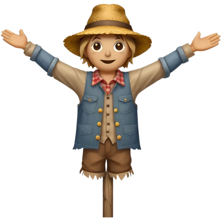 Scarecrow, Straw body, old brown hat, patched shirt, arms stretched on a wooden pole. emoji