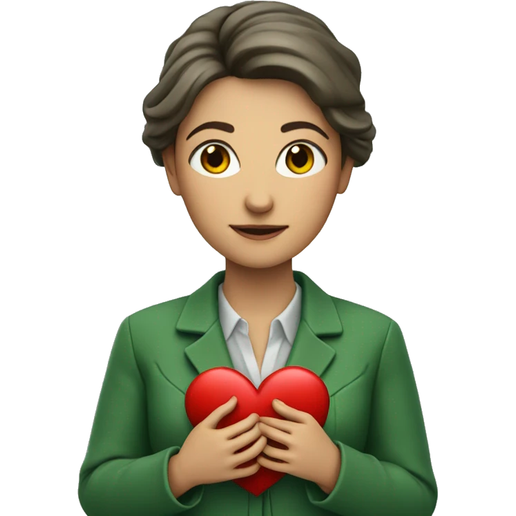 A European female teacher in a green jacket holds a heart in her hands emoji