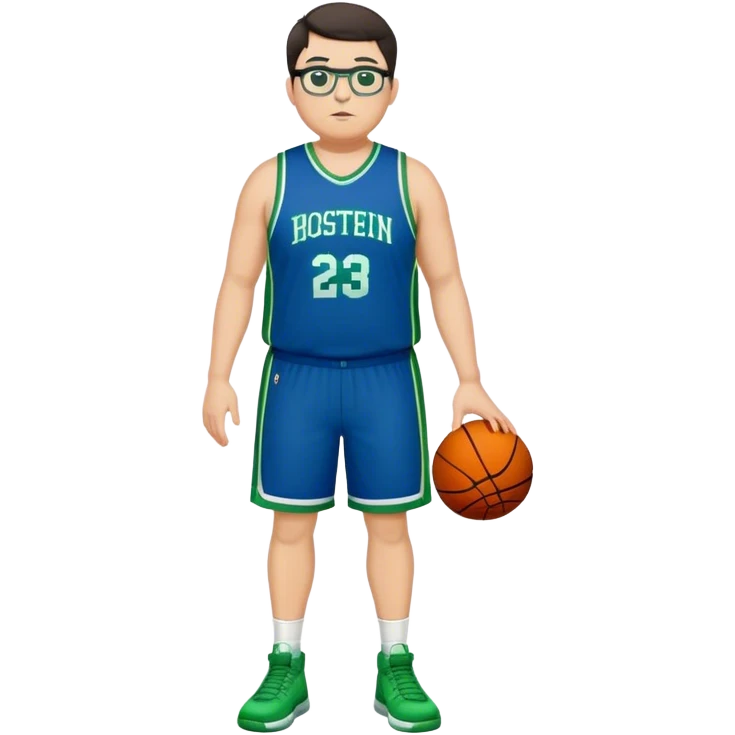 Full Body tall plus size white male with dark short hair basketball player wearing glasses wearing blue green uniform emoji
