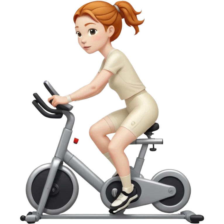 Ginger girl shiny middle part low bun riding stationary bike cream outfit emoji