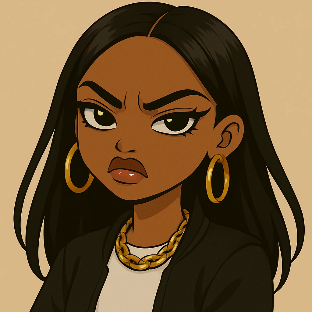 Remove the side-eye, make her look straight ahead with an angry, snooty attitude, nose turned up, headshot only, 20-year-old anime Bratz style woman with dark skin, straight hair, more casual outfit, big expressive eyes, glossy lips, no hat, no tears. emoji