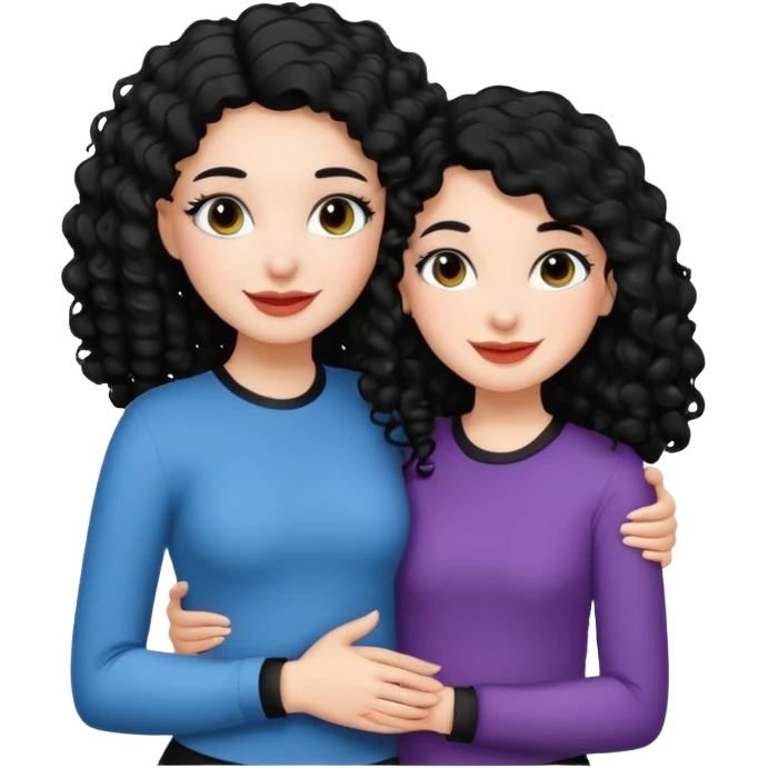 White girl with black curly hair and makeup on hugging a white girl with black pin straight hair with makeup on smiling emoji