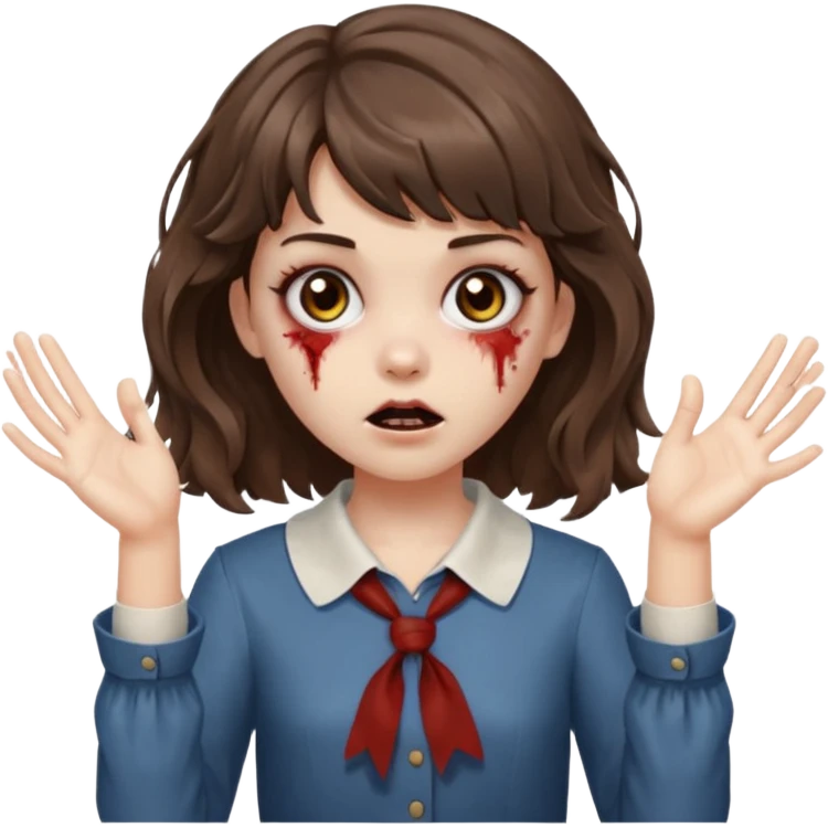 Cabelo ondulado  um pouco cheio e franja curta  Olhos marrons e pequenos e feita d ezumbi mais bonita com cabelo amarro na e com as mãos assim tipo assim🧟‍♀️ emoji