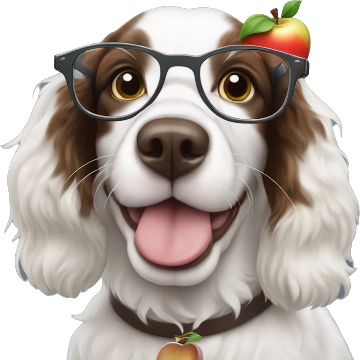 Isaac Newton as a white Springer Spaniel with an apple and glasses emoji