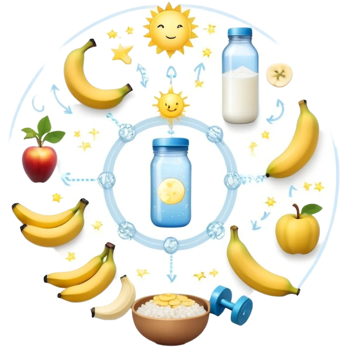 Magical fitness system: water bottle, sun, rice bowl, banana, dumbbell, yogurt, fruit, and moon arranged in a circular flow chart with ethereal glowing connections and sparkles, each item separate but part of one system emoji
