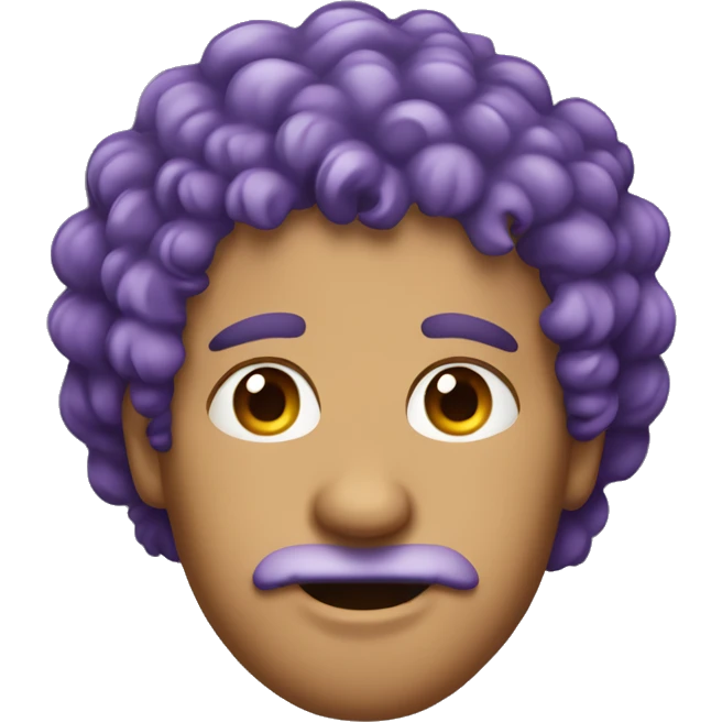 Purple curly hair, man, middle-aged, ear studs. emoji