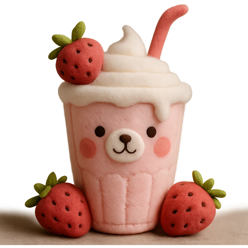 Remove the cherry blossom flowers, keep the 3D iOS style strawberry milkshake cup with a straw, bear character peeking out, two strawberries with green leaves, pastel palette, soft shadows, minimal design, with no background. emoji