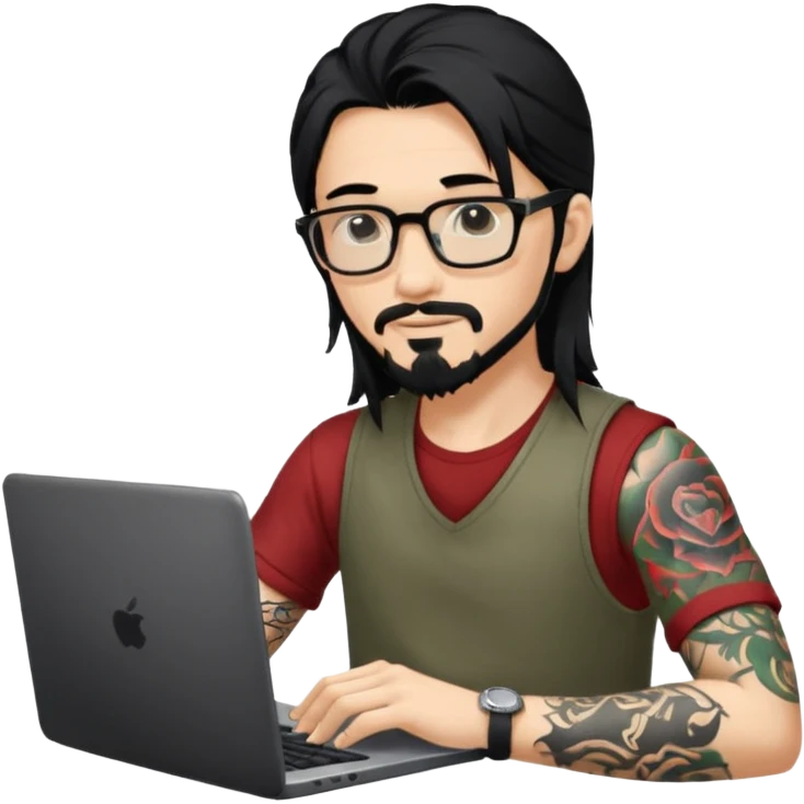 a young man with long black hair, with goatee, wearing glasses sitting with a laptop, tattoo inyout arms emoji