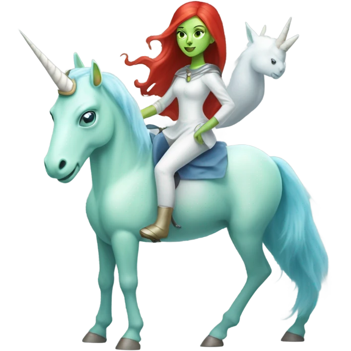 [
	{ woman: alien, color: light green, Amazon, hair:red, eyes:blue] } 
	on a 
	[{ unicorn: white, legged:six, mane: light blue }] emoji