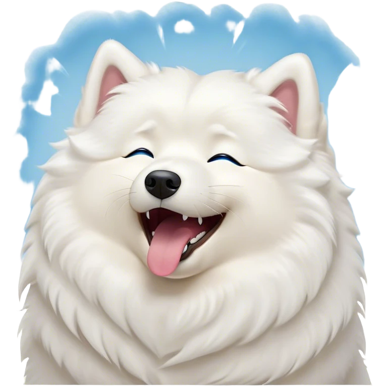 Cinematic Cute Yawning Samoyed Portrait Emoji, Head tilted slightly with a dramatic, wide-open yawn, showcasing a soft, fluffy white Fur with a gentle shimmer, floppy ears slightly drooping, round blue eyes barely open in drowsy contentment, Simplified yet irresistibly adorable features, highly detailed, glowing with a soft, cozy glow, high shine, relaxed yet expressive, stylized with a touch of whimsy, bright and endearing, soft glowing outline, capturing the essence of a sleepy yet affectionate companion, so drowsy it feels like it could stretch right out of the screen and curl up for a nap! emoji