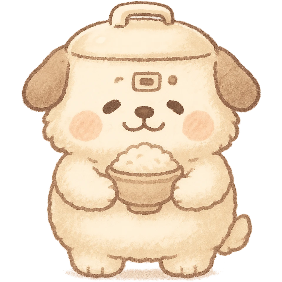 soft fluffy rice cooker dog in chibi style, round belly, holding a rice bowl, soft cream and brown palette, full-body emoji