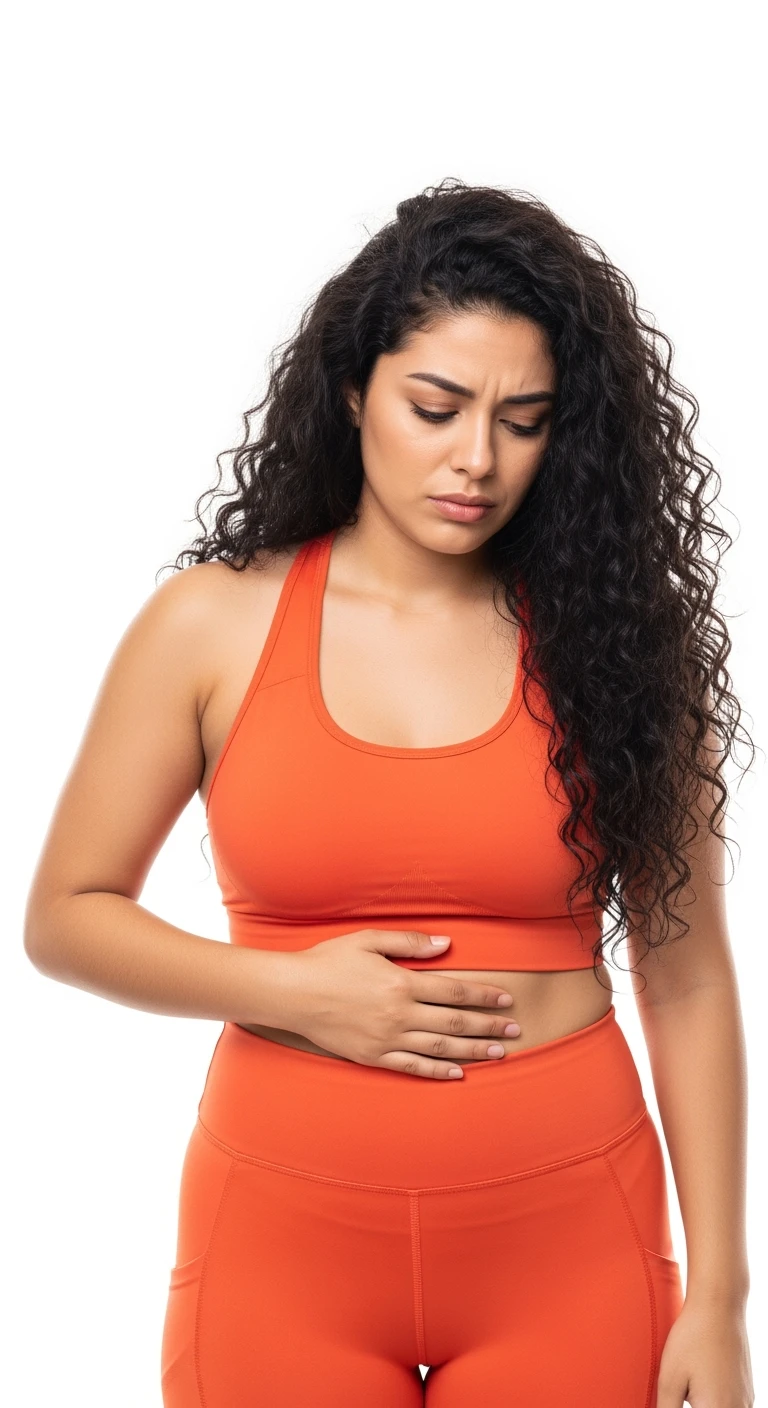 DONNA fitness CHE SI TOCCA LA PANCIA CON ESPRESSIONE DISPIACIUTA IN VOLTO PERCHé DEVE DIMAGRIRE, ISOLATO SU SFONDO BIANCO emoji