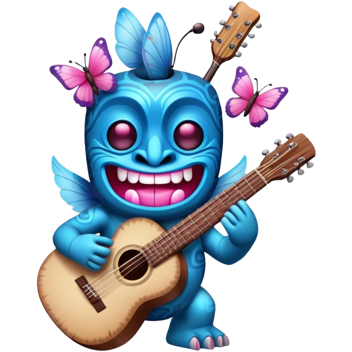 Pixar style little Cartoon Blue and pink tiki singing with a butterfly and playing a guitar, ultra detailed and lifelike imagery emoji