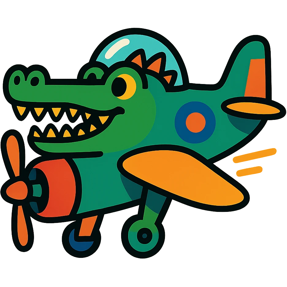 playful and imaginative crocodile styled as a bomber plane emoji