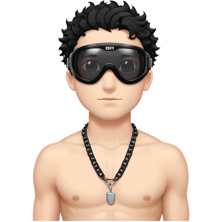 shirtless male athlete with white skin and moderately curly black hair on top with shaved sides, wearing black ski goggles with very dark heavily tinted black lenses that completely hide the eyes, and a simple plain black chain necklace, no earrings emoji