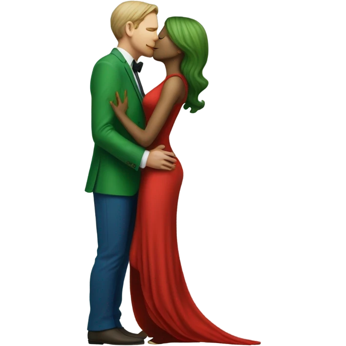 Beatiful tall green skin female reptilian in red dress, kissing white man in blue dress, full figure, full body emoji
