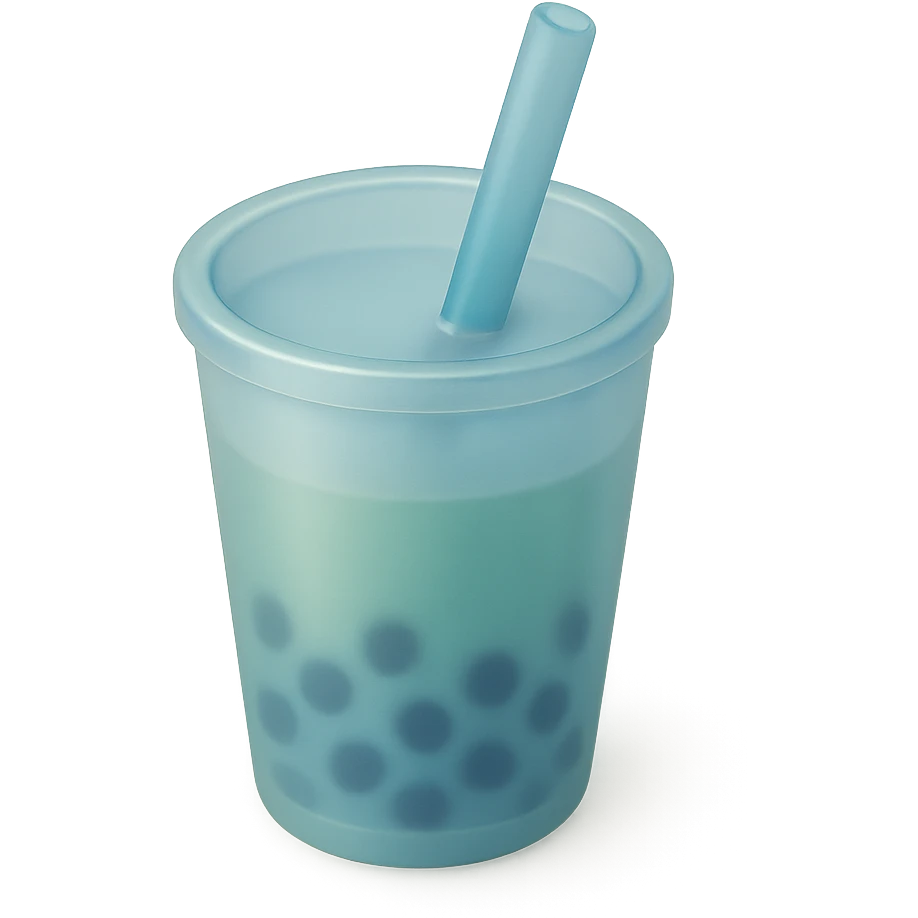 hand-drawn volumetric bubble tea cup with a straw, blue and green gradient, three-quarter angle, sketchy illustrated, expressive 3D shadows and highlights emoji