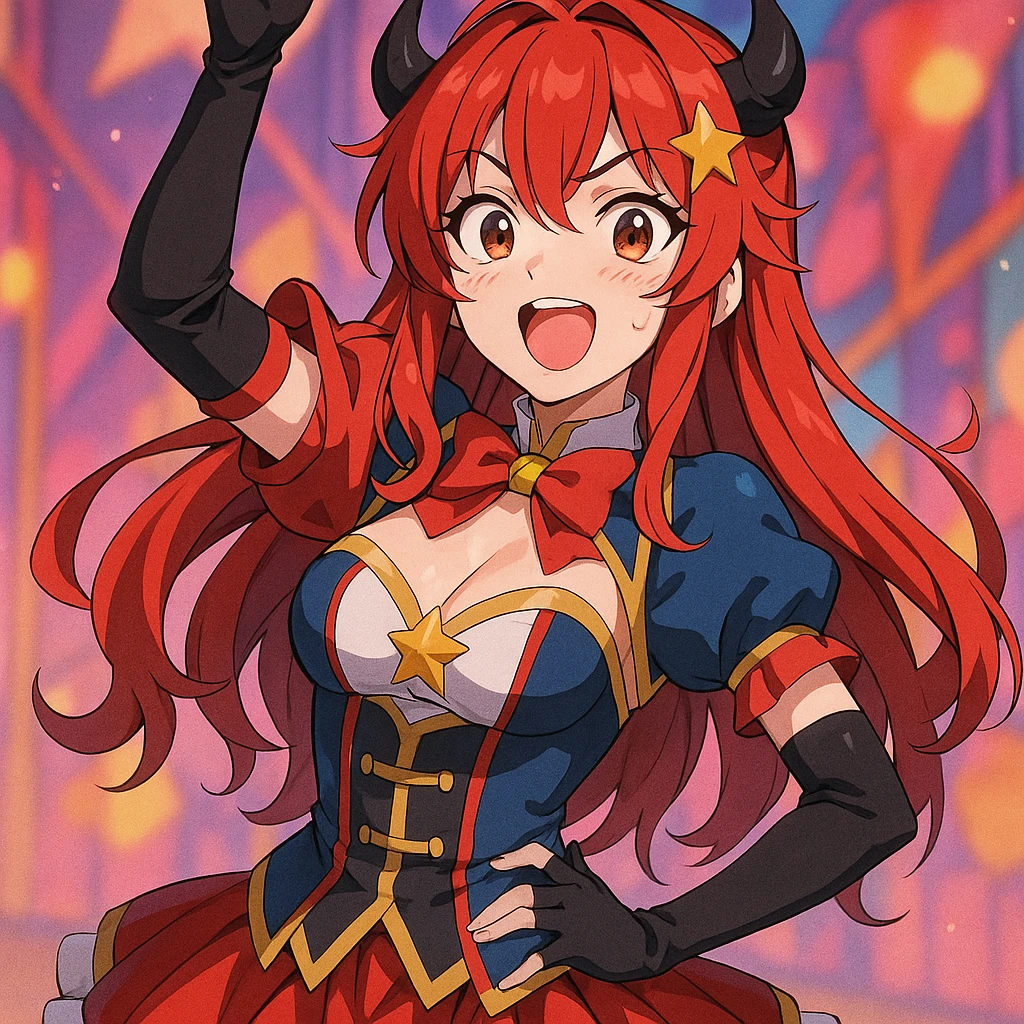 anime style woman with red hair in cosplay costume, expressive face, vibrant colors emoji