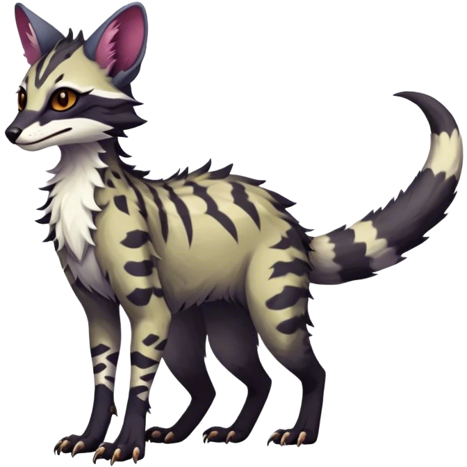 Feral Rare Fantasy dark vibrant Vernid-Sergal-Genet-Trico-species by LiLaiRa, random markings, tufted tail, tufted ears, full body emoji