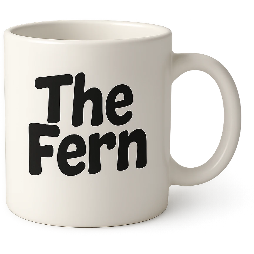 white coffee cup with 'The Fern' written on it in bold, playful letters, simple and eye-catching emoji