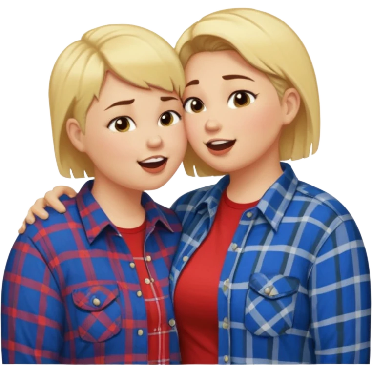 Chubby lesbian with medium brunette hair kissing tall butch lesbian with huge teeth and blonde short hair emoji
