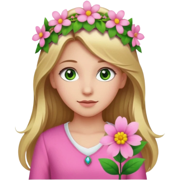 Girl profile picture with long browne and blonde hair and green eyes and a flower in her hair. and a pink outfit emoji
