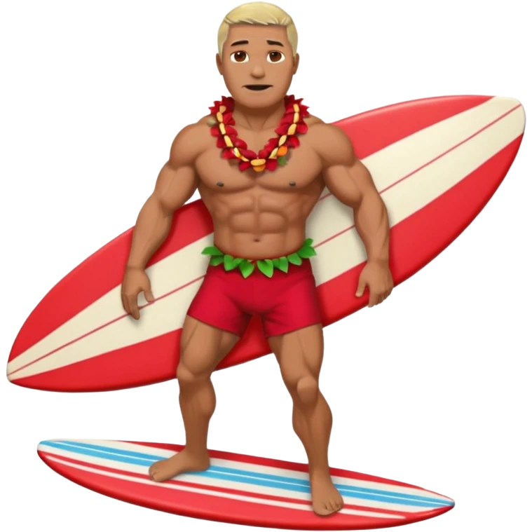 50 year old muscular man with red shorts and a shell lei surfing emoji
