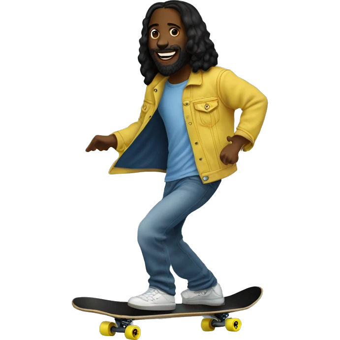Black Jesus Ollie skateboarding with smiley face T-shirt and a denim jacket  emoji