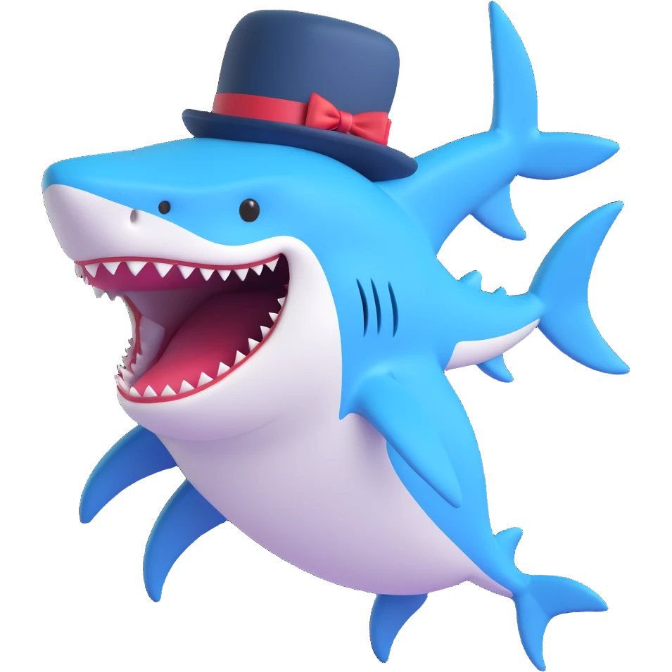playful and charming shark wearing a top hat emoji